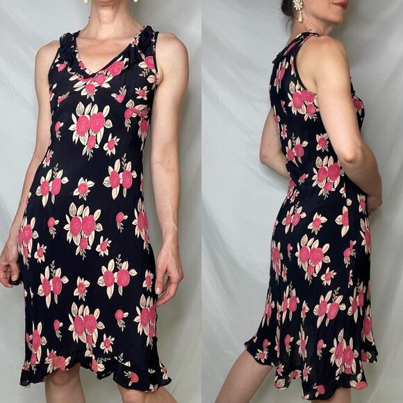 Vintage Y2K abstract rose floral print bias cut ruffle dress black pink Angie S - Picture 16 of 16